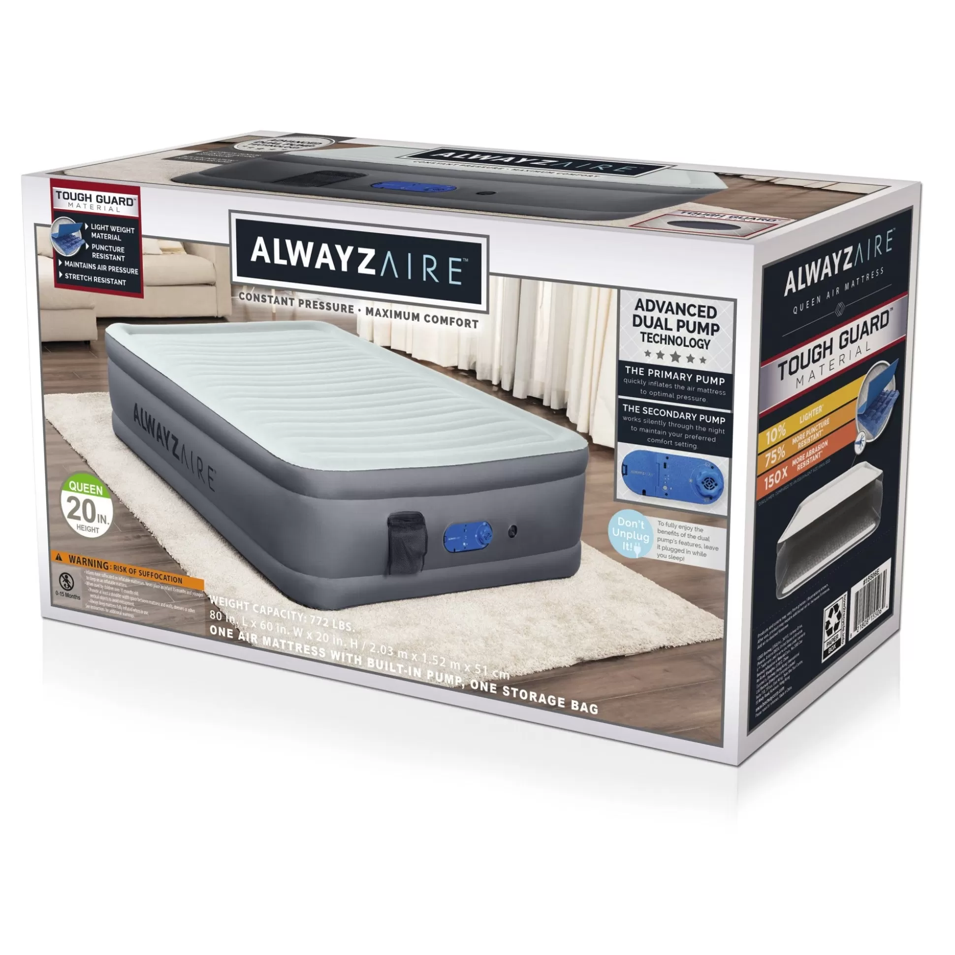Bestway Alwayzaire Tough Guard Air Mattress Queen 20 With Built-In Dual Pump And Antimicrobial Coating Outlet