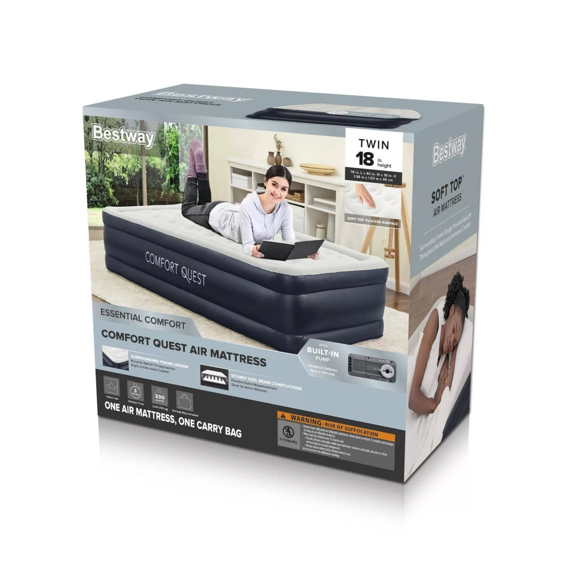 Bestway Essential Comfort Air Mattress Twin 18" With Built-In Ac Pump And Antimicrobial Coating Flash Sale