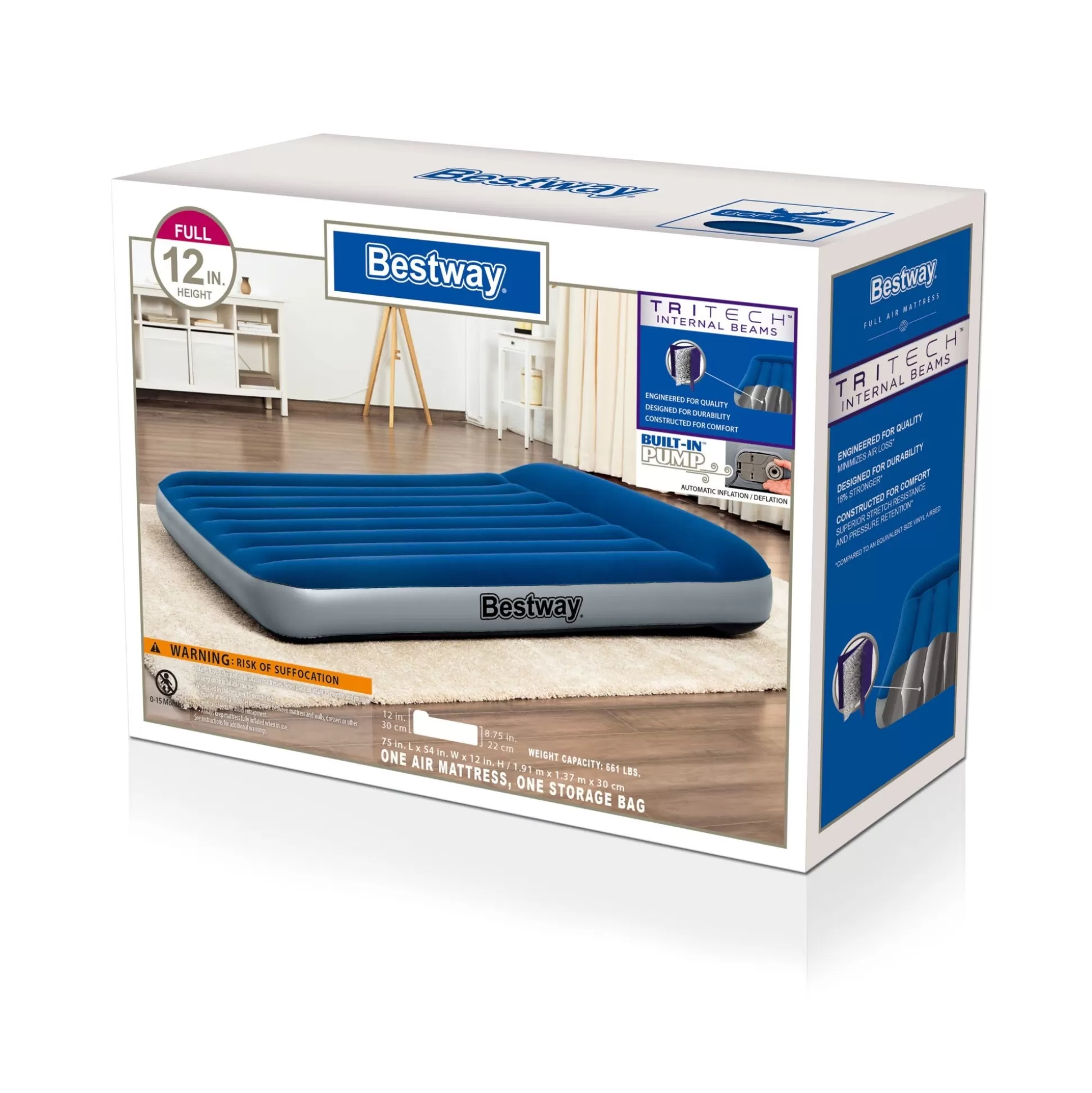 Bestway Tritech Air Mattress Full 12" With Built-In Ac Pump And Antimicrobial Coating Fashion