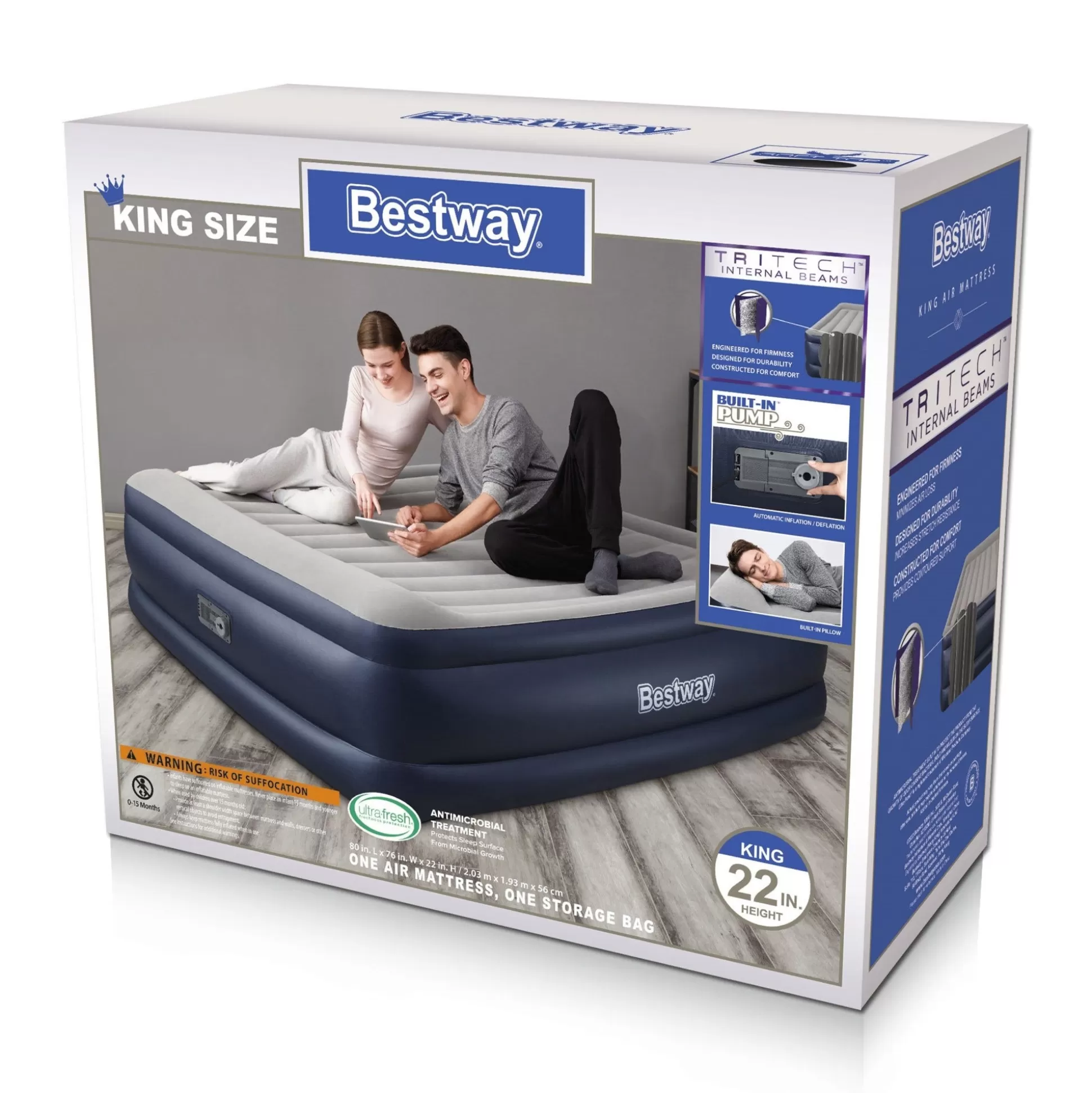 Bestway Tritech Air Mattress King 22" With Built-In Ac Pump And Antimicrobial Coating New