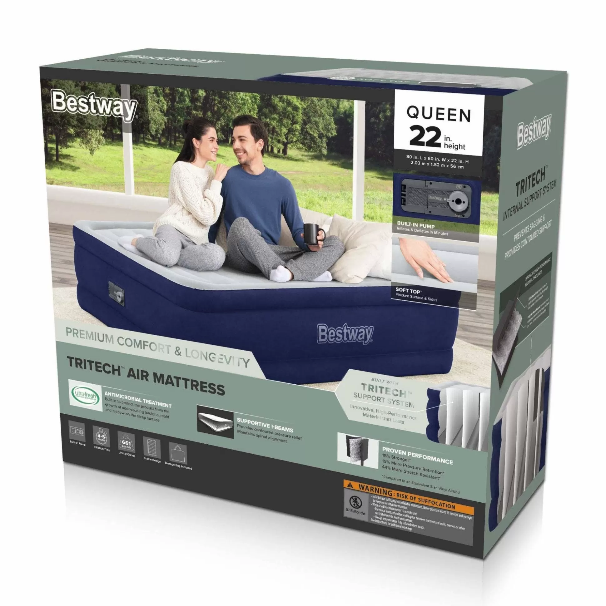 Bestway Tritech Air Mattress Queen 22 In. With Built-In Ac Pump And Antimicrobial Coating Sale