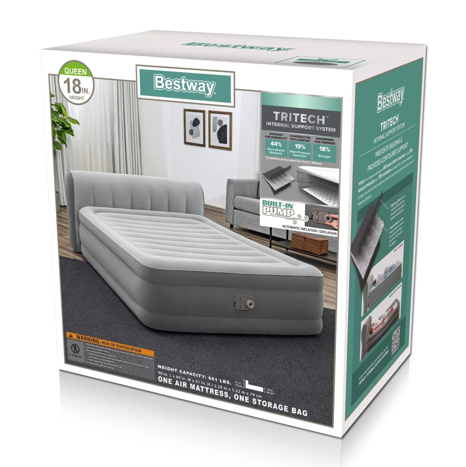 Bestway Tritech Air Mattress Queen 18" With Headboard, Built-In Ac Pump And Antimicrobial Coating Sale