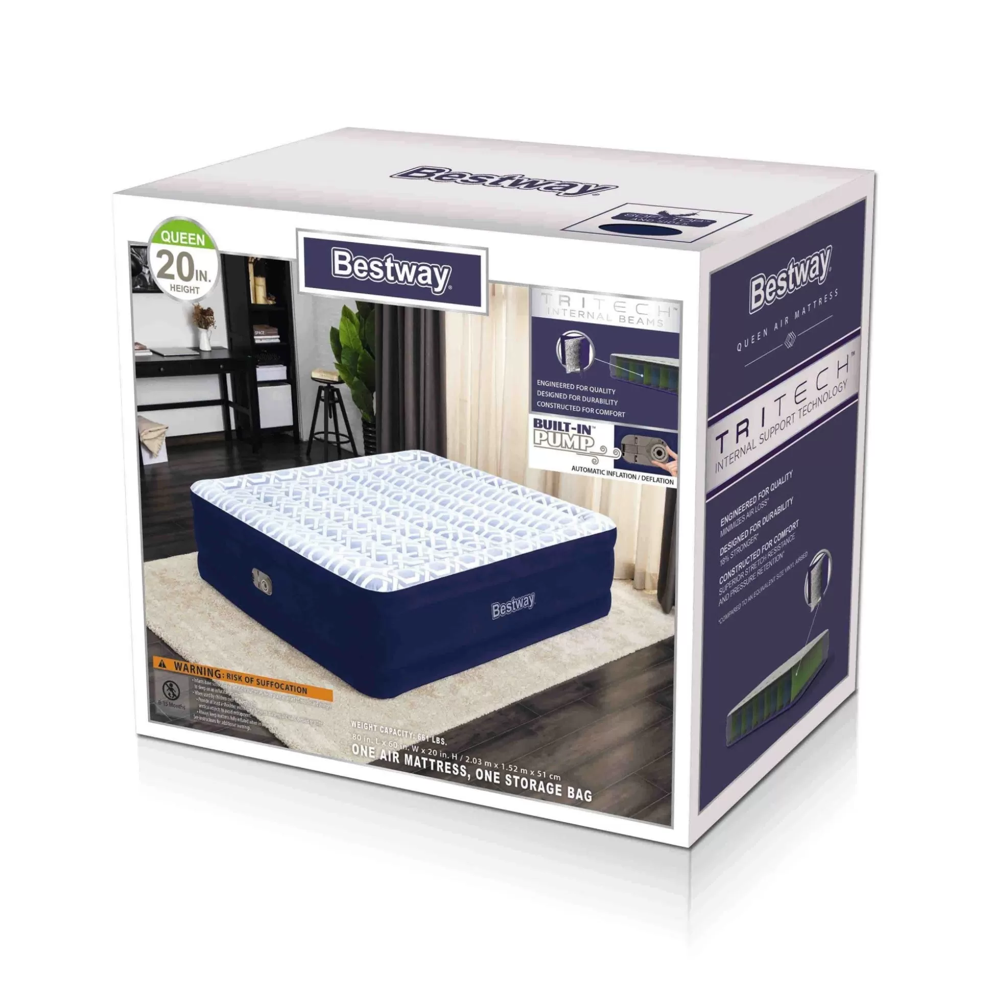 Bestway Tritech Fashion Flock Air Mattress Queen 20" With Built-In Ac Pump And Antimicrobial Coating Shop