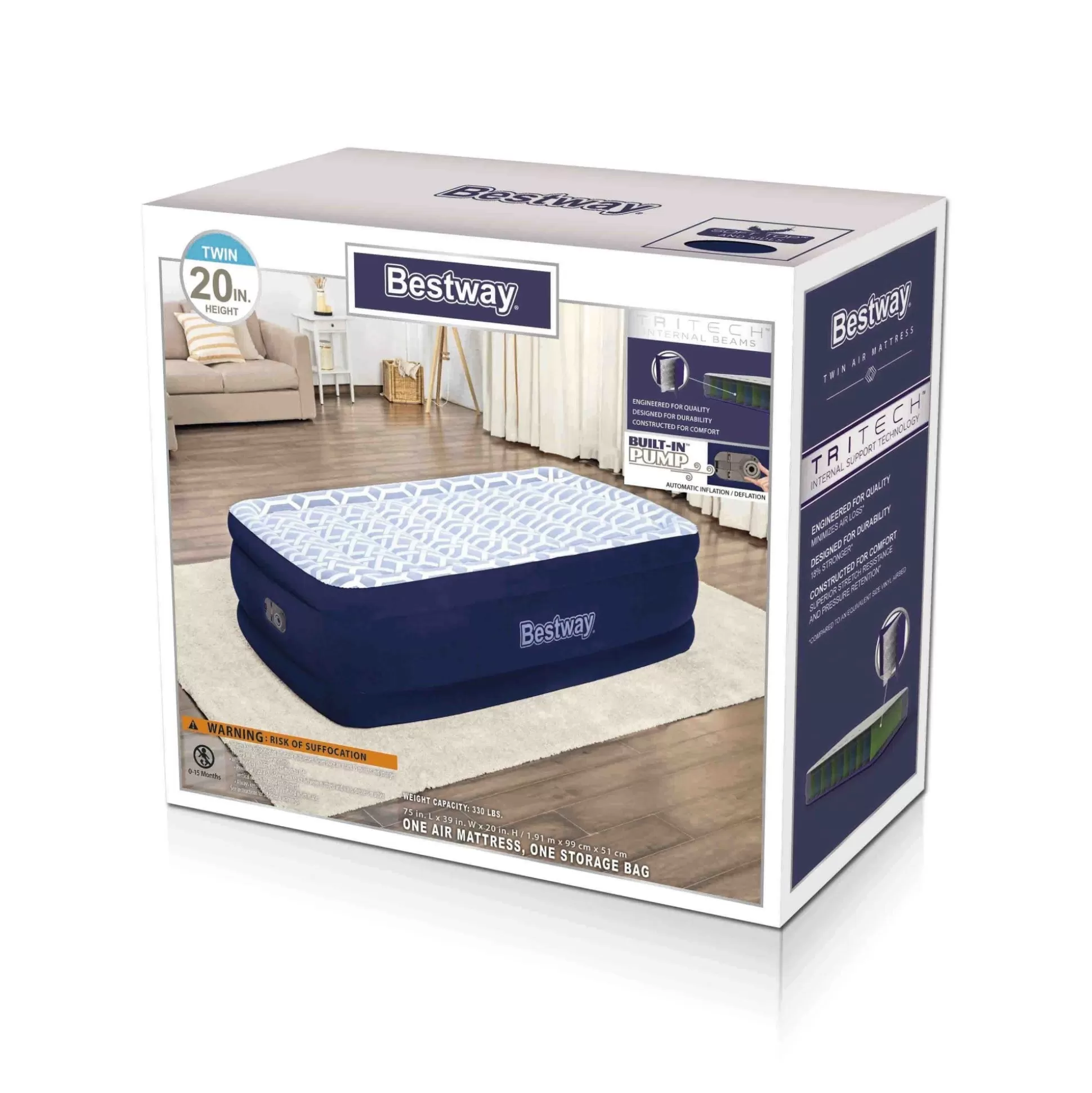 Bestway Tritech Fashion Flock Air Mattress Twin 20" With Built-In Ac Pump And Antimicrobial Coating Shop