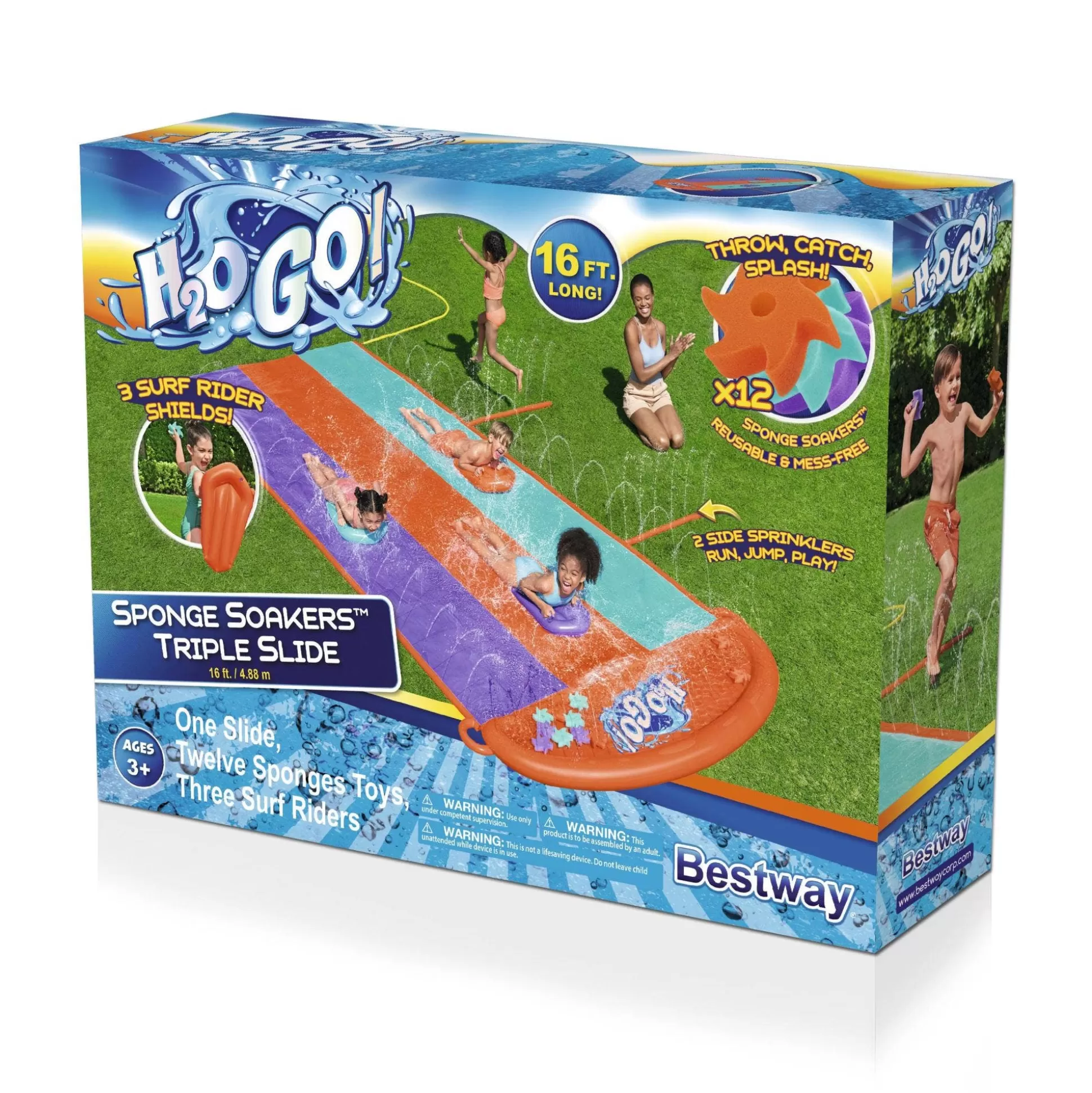Bestway H2Ogo! 16' Triple Water Slide With Sponge Soakers Toys And Three Riders Outlet