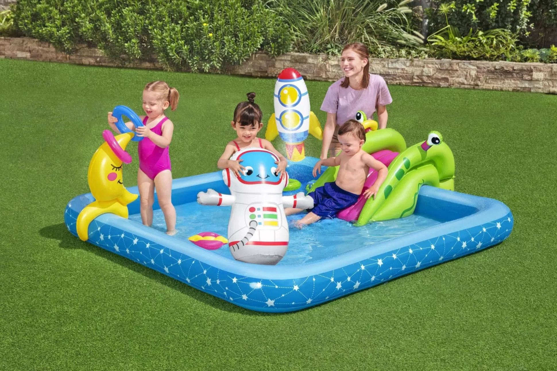 Bestway H2Ogo! Little Astronaut Square Inflatable Kiddie Pool Play Center With Slide Outlet