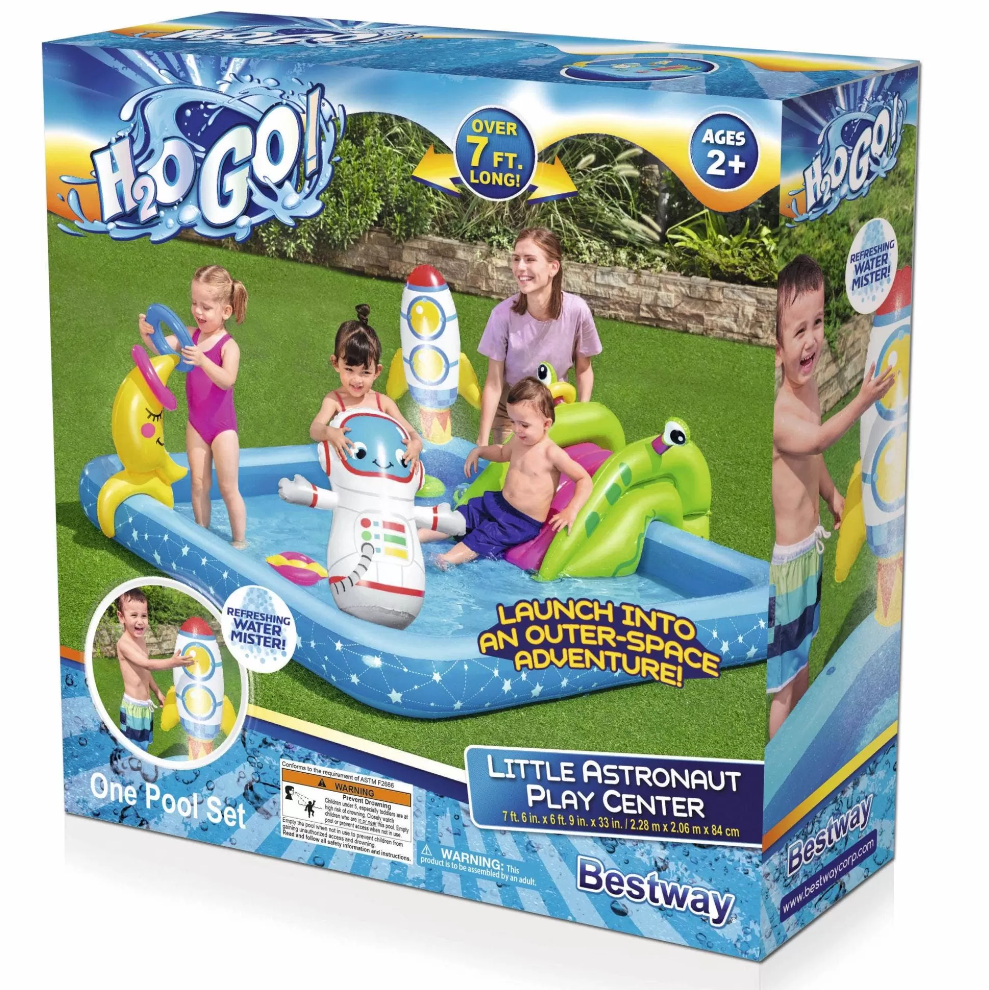 Bestway H2Ogo! Little Astronaut Square Inflatable Kiddie Pool Play Center With Slide Outlet