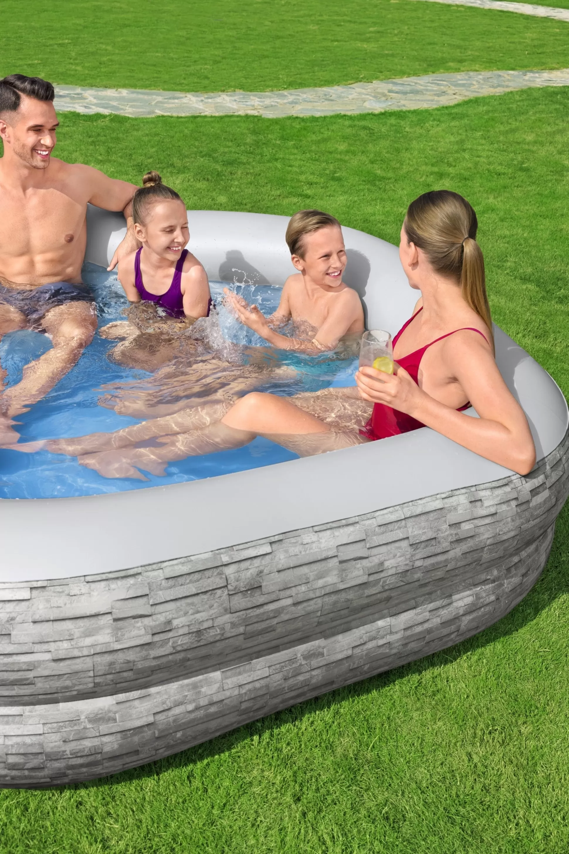 Bestway H2Ogo! Truprint Stone 7'X 6'9 X 21 Soft Sided Inflatable Family Kiddie Pool Hot