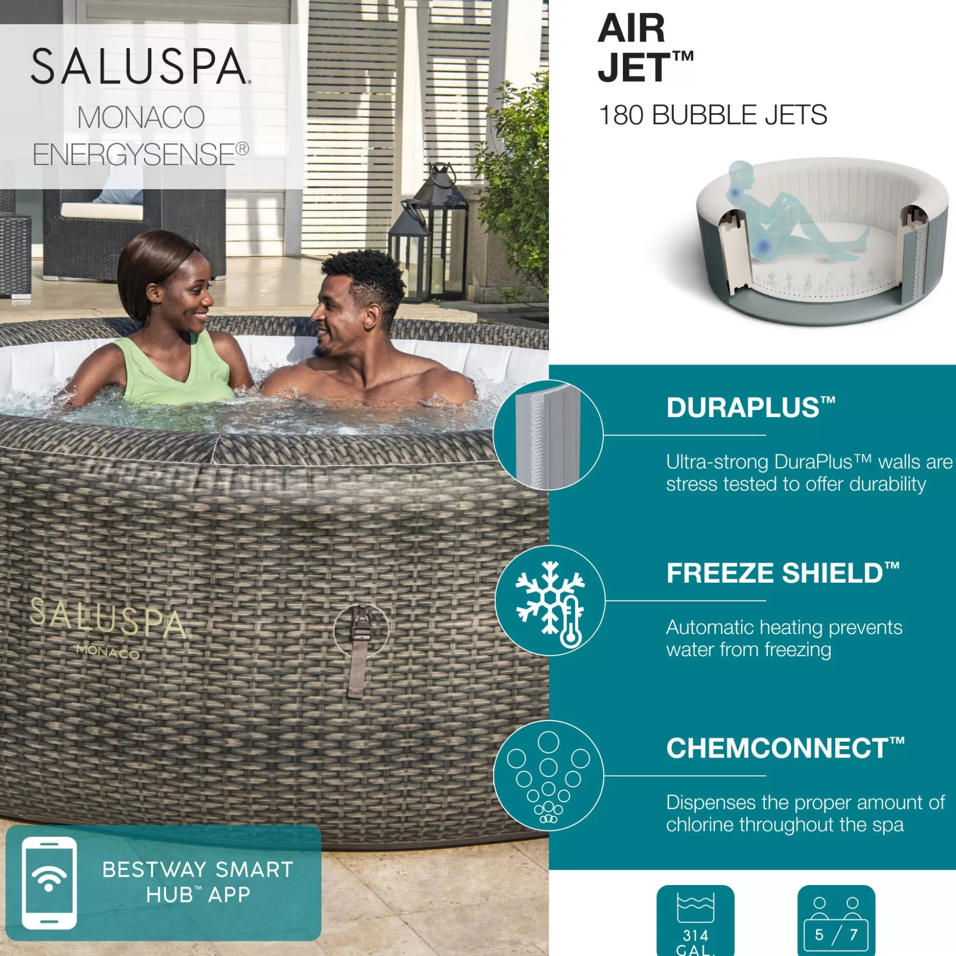 Bestway Saluspa Monaco Energysense Smart Signature Airjet Inflatable Hot Tub With App-Control 5-7 Person Discount